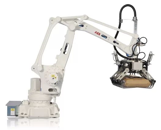 ABB robotic palletising arm with gripper handling packaged goods